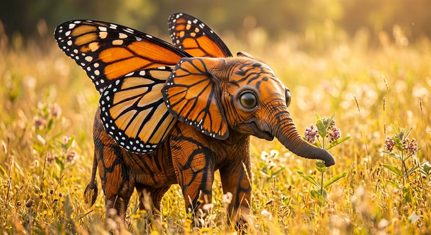 A baby elephant with monarch-butterfly wings in a golden meadow