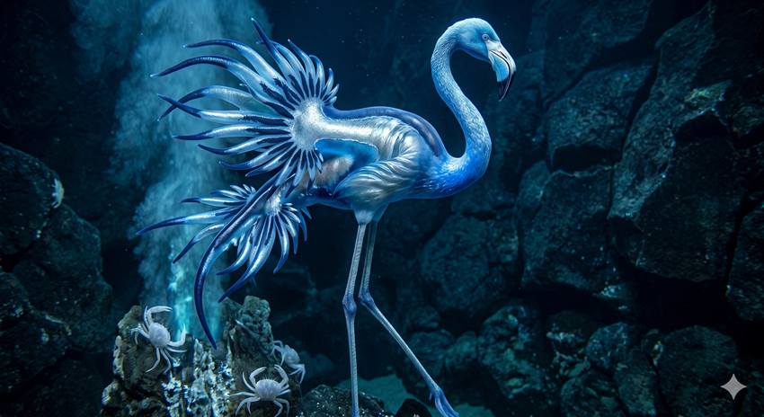 A metallic blue-and-silver flamingo in a dark underwater scene