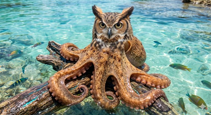 An octopus with the head of a great horned owl, perched on driftwood in clear water