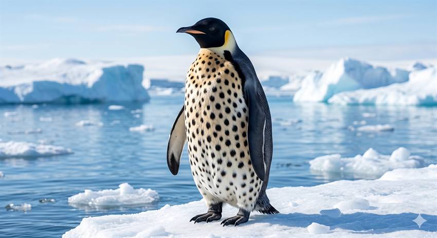 A spotted emperor penguin standing on an ice floe