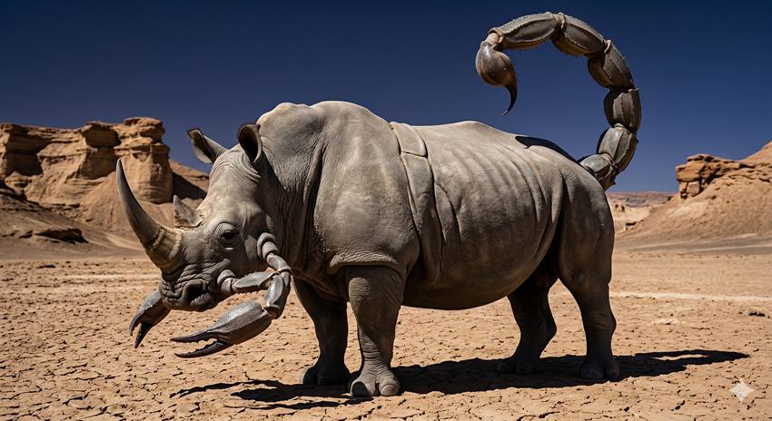 A rhinoceros with scorpion pincers and a scorpion tail in a desert